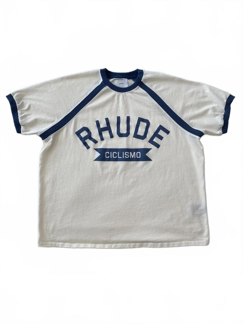 Rhude Ciclismo White and Navy Blue Graphic T-Shirt Medium